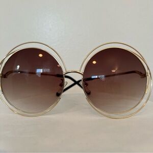 Round circle oversized large 3” Brown sunglasses gold tone wire frame hippy boho